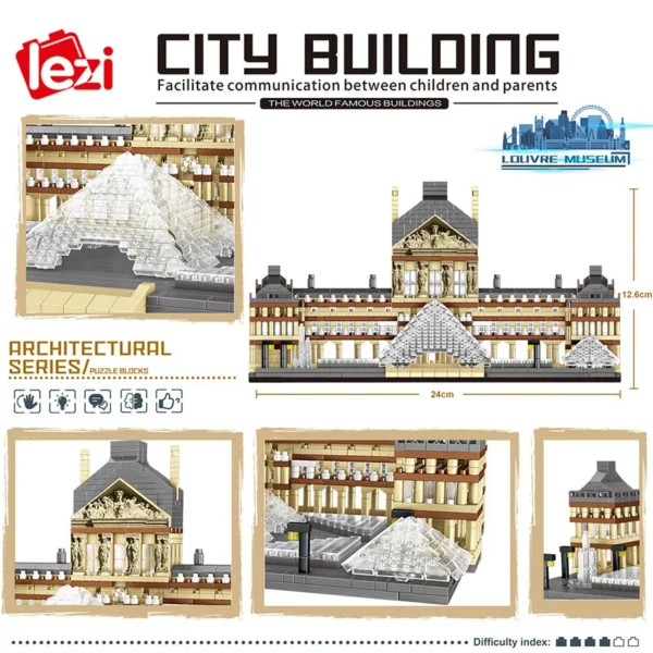 World Architecture Mini Building Blocks Paris Louvre Museum 3D - Image 2